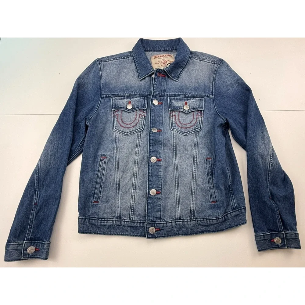TRUE RELIGION BUTTON FRONT PRINT DENIM JACKET MEDIUM BLUE QUARTZ WASH SZ L NWTB